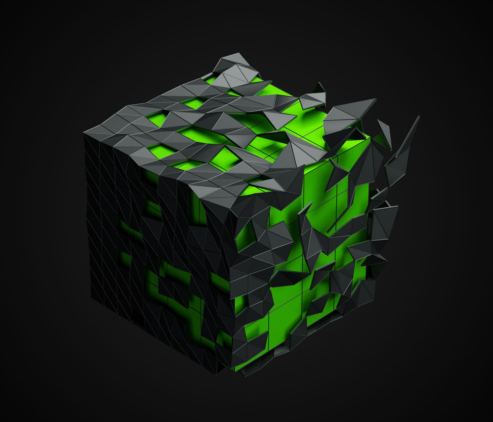 A dark cube breaking apart to reveal a glowing green core